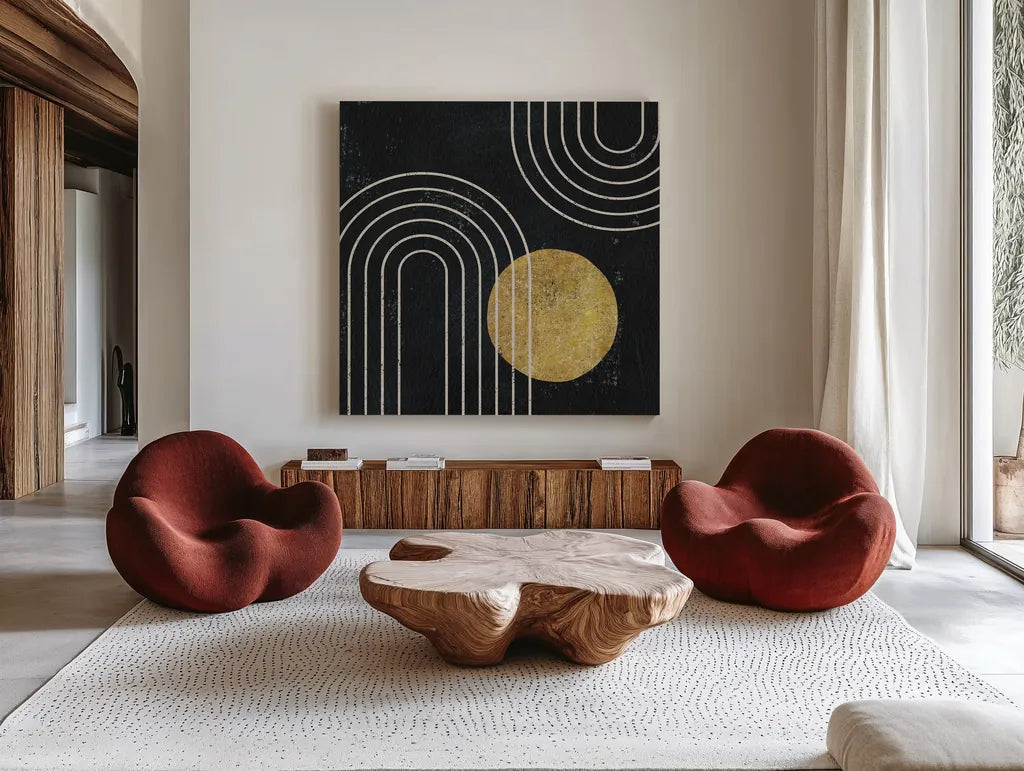 Midnight Moon II by Moira Hershey. Shown as extra-large giant wall art in a modern living room. Available as an archival giclee rolled canvas, fine art paper, or poster print. SKU 83621a.