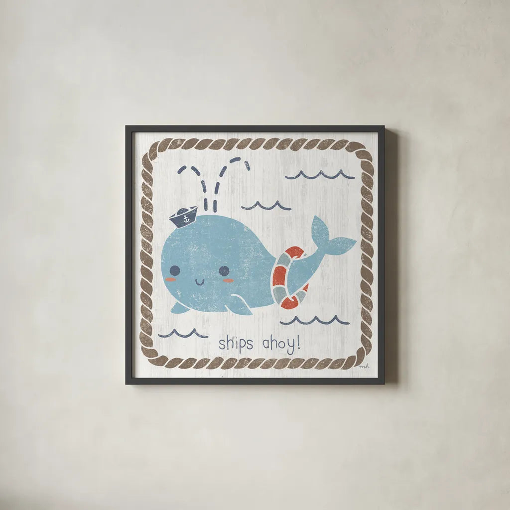 Nautical Friends I by Moira Hershey. Shown in a sleek black glass frame for a contemporary gallery look. Available as an archival giclee rolled canvas, fine art paper, or poster print. SKU 16327a.