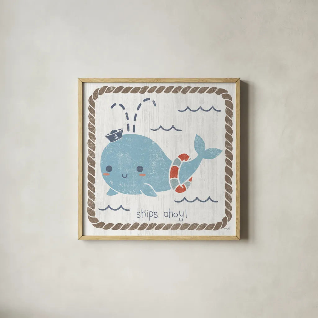 Nautical Friends I by Moira Hershey. Shown in a natural wood glass frame for a timeless modern aesthetic. Available as an archival giclee rolled canvas, fine art paper, or poster print. SKU 16327a.