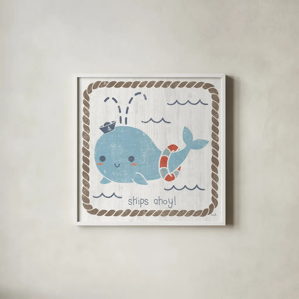 Nautical Friends I by Moira Hershey. Shown in a crisp white glass frame for a clean and minimalist style. Available as an archival giclee rolled canvas, fine art paper, or poster print. SKU 16327a.