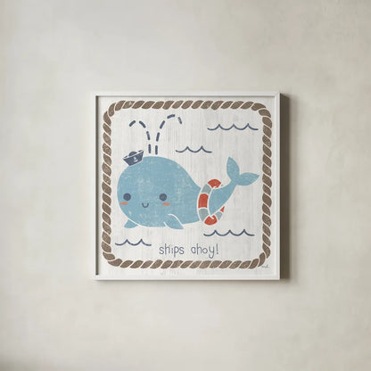 Nautical Friends I by Moira Hershey. Shown in a crisp white glass frame for a clean and minimalist style. Available as an archival giclee rolled canvas, fine art paper, or poster print. SKU 16327a.