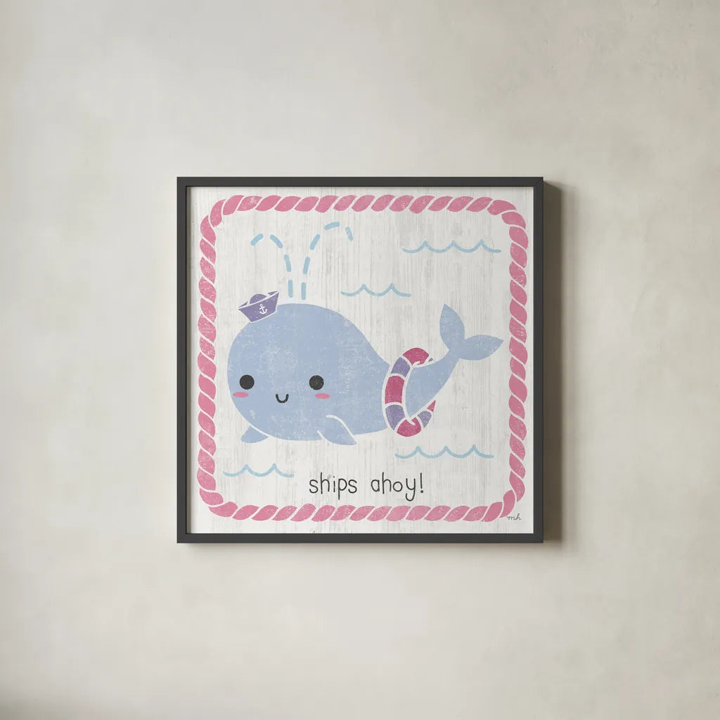 Nautical Friends I Girly by Moira Hershey. Shown in a sleek black glass frame for a contemporary gallery look. Available as an archival giclee rolled canvas, fine art paper, or poster print. SKU 38382a.