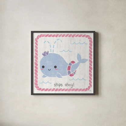 Nautical Friends I Girly by Moira Hershey. Shown in a sleek black glass frame for a contemporary gallery look. Available as an archival giclee rolled canvas, fine art paper, or poster print. SKU 38382a.