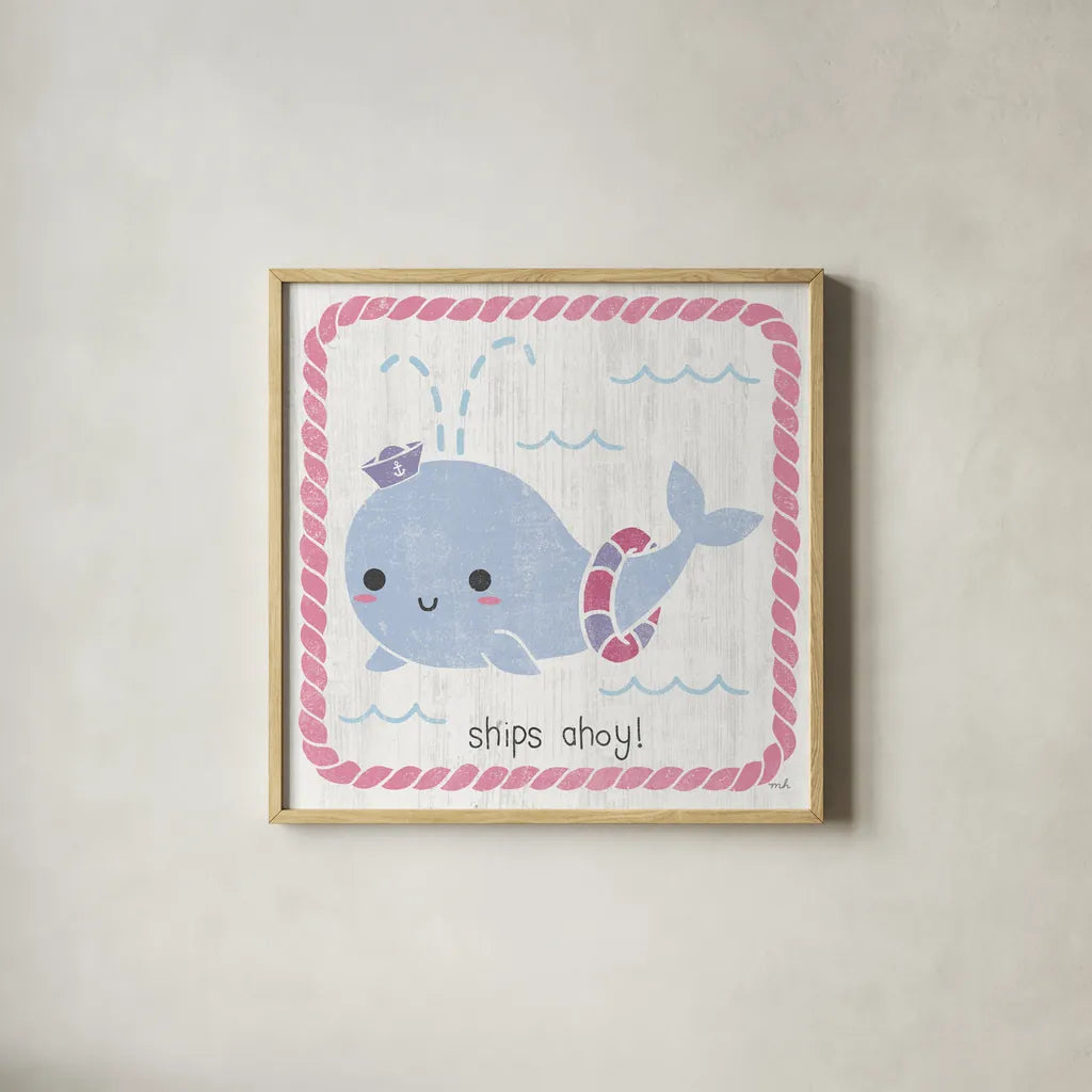 Nautical Friends I Girly by Moira Hershey. Shown in a natural wood glass frame for a timeless modern aesthetic. Available as an archival giclee rolled canvas, fine art paper, or poster print. SKU 38382a.