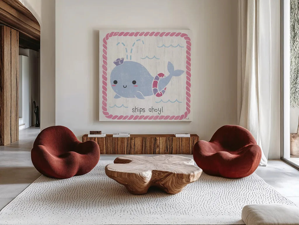 Nautical Friends I Girly by Moira Hershey. Shown as extra-large giant wall art in a modern living room. Available as an archival giclee rolled canvas, fine art paper, or poster print. SKU 38382a.