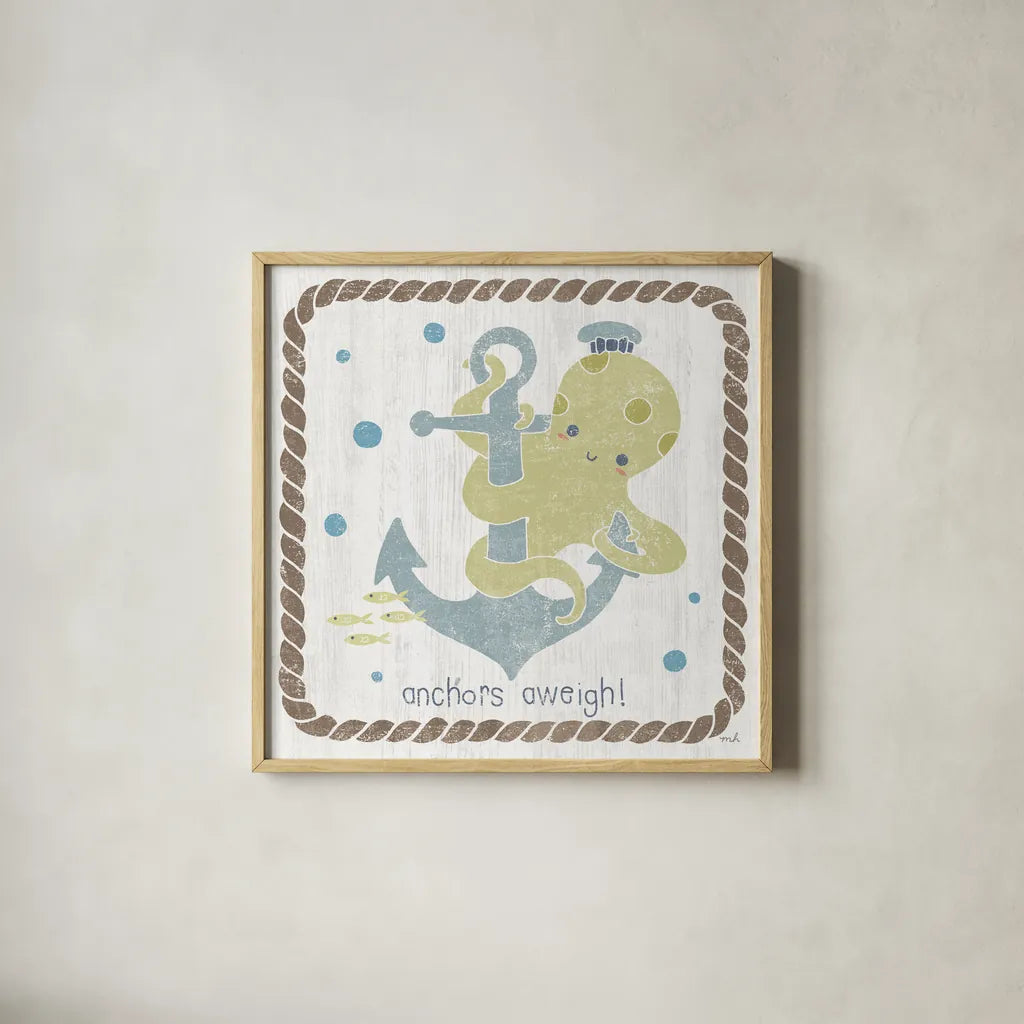 Nautical Friends III by Moira Hershey. Shown in a natural wood glass frame for a timeless modern aesthetic. Available as an archival giclee rolled canvas, fine art paper, or poster print. SKU 16756a.