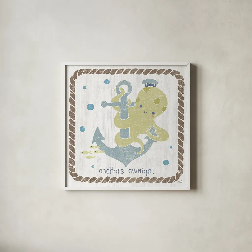 Nautical Friends III by Moira Hershey. Shown in a crisp white glass frame for a clean and minimalist style. Available as an archival giclee rolled canvas, fine art paper, or poster print. SKU 16756a.