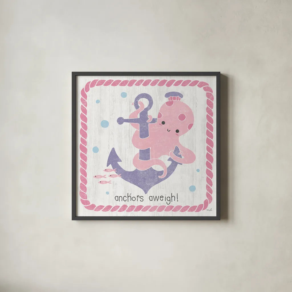 Nautical Friends III Girly by Moira Hershey. Shown in a sleek black glass frame for a contemporary gallery look. Available as an archival giclee rolled canvas, fine art paper, or poster print. SKU 16758a.