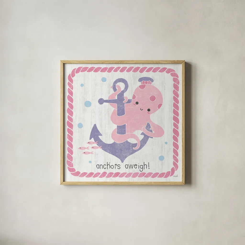 Nautical Friends III Girly by Moira Hershey. Shown in a natural wood glass frame for a timeless modern aesthetic. Available as an archival giclee rolled canvas, fine art paper, or poster print. SKU 16758a.