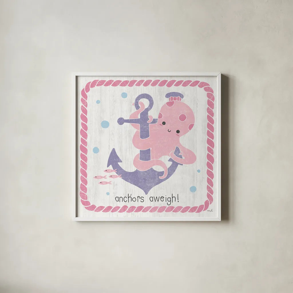 Nautical Friends III Girly by Moira Hershey. Shown in a crisp white glass frame for a clean and minimalist style. Available as an archival giclee rolled canvas, fine art paper, or poster print. SKU 16758a.