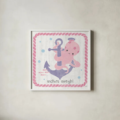 Nautical Friends III Girly by Moira Hershey. Shown in a crisp white glass frame for a clean and minimalist style. Available as an archival giclee rolled canvas, fine art paper, or poster print. SKU 16758a.