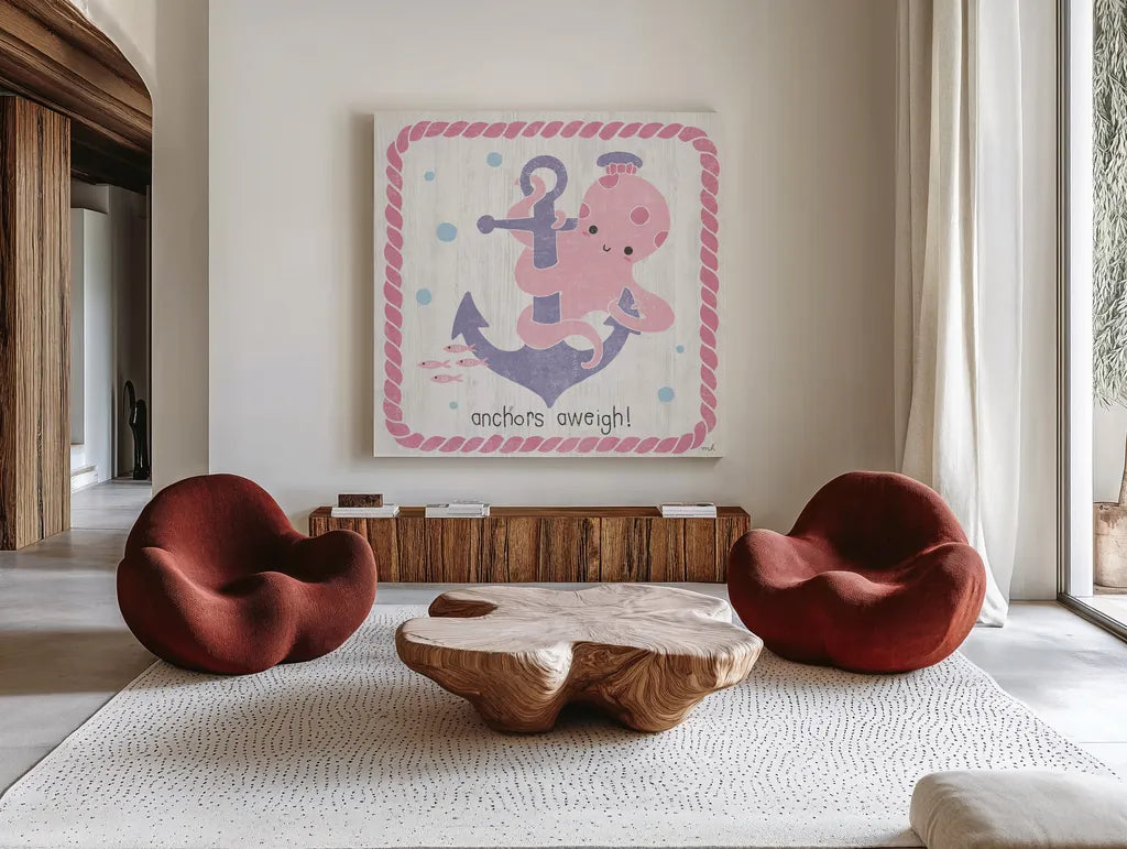 Nautical Friends III Girly by Moira Hershey. Shown as extra-large giant wall art in a modern living room. Available as an archival giclee rolled canvas, fine art paper, or poster print. SKU 16758a.