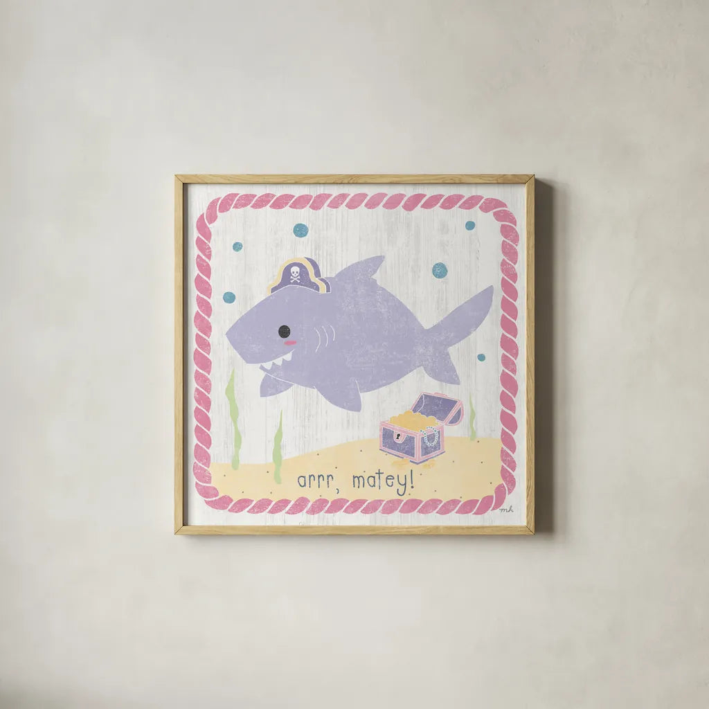 Nautical Friends IV Girly by Moira Hershey. Shown in a natural wood glass frame for a timeless modern aesthetic. Available as an archival giclee rolled canvas, fine art paper, or poster print. SKU 38383a.