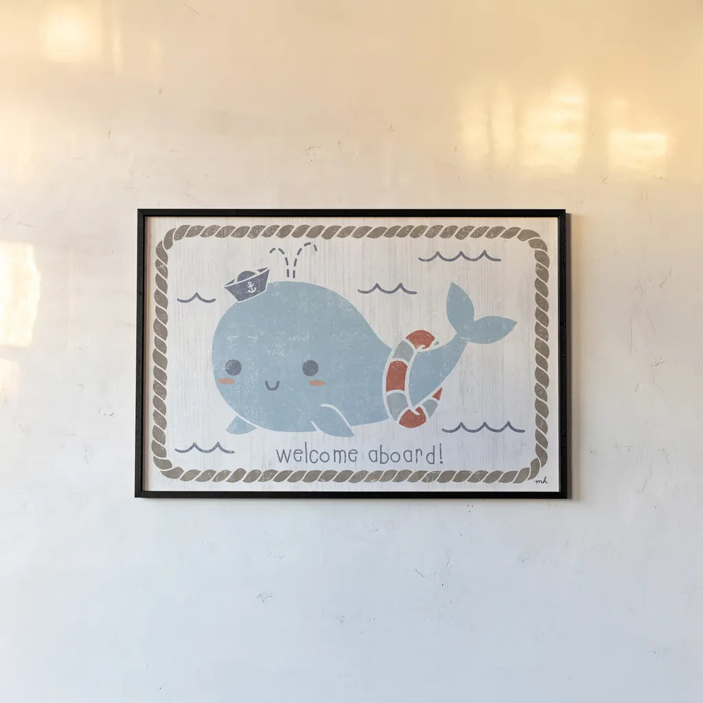 Nautical Friends Whale of a Time by Moira Hershey. shown as a paper print in a black flame. Available as a archival giclee rolled canvas, fine art paper, or poster print. SKU 38384i.