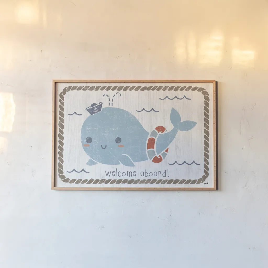 Nautical Friends Whale of a Time by Moira Hershey. shown as a paper print in a natural frame. Available as a archival giclee rolled canvas, fine art paper, or poster print. SKU 38384i.