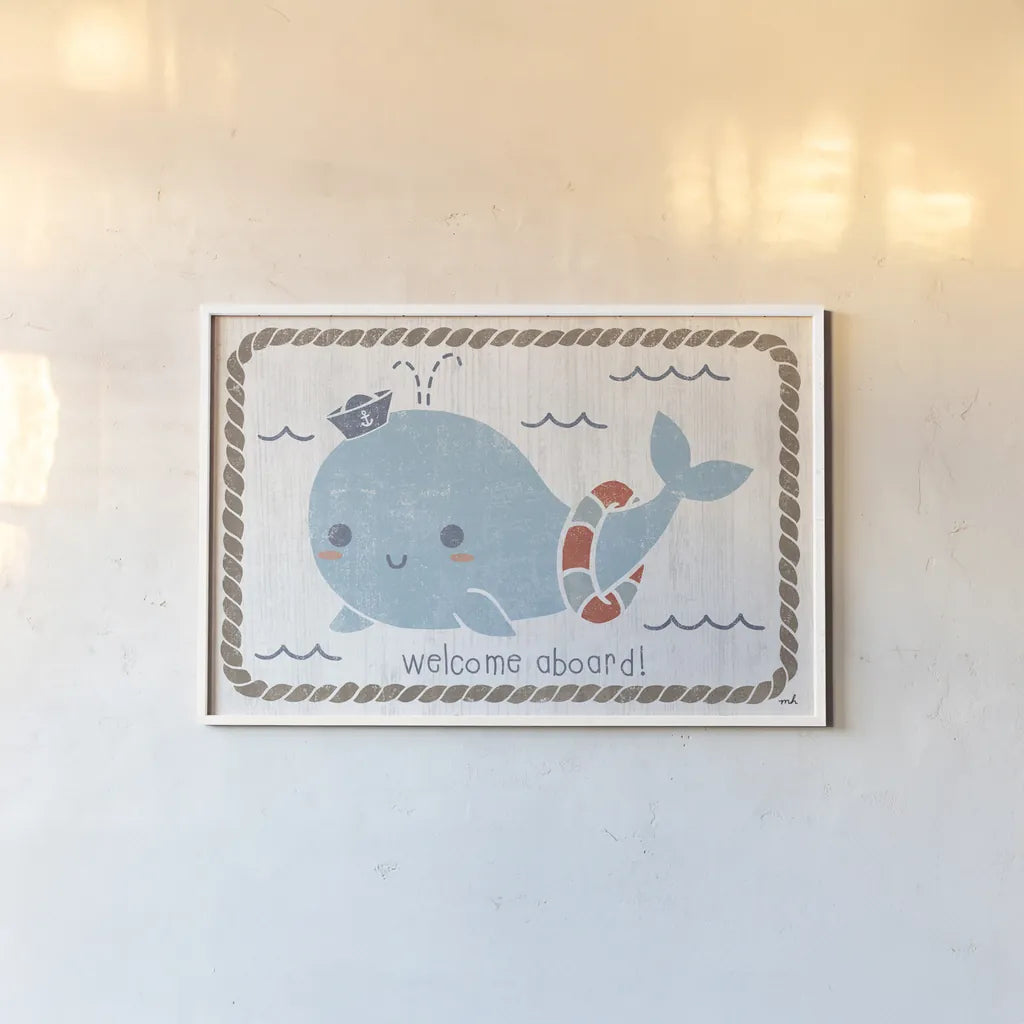 Nautical Friends Whale of a Time by Moira Hershey. shown as a paper print in a white frame. Available as a archival giclee rolled canvas, fine art paper, or poster print. SKU 38384i.