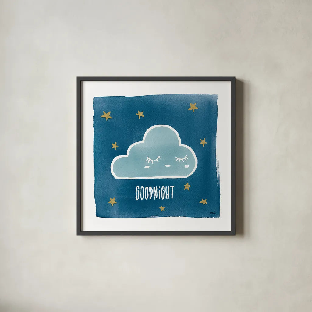 Night Sky Goodnight by Moira Hershey. Shown in a sleek black glass frame for a contemporary gallery look. Available as an archival giclee rolled canvas, fine art paper, or poster print. SKU 49899a.