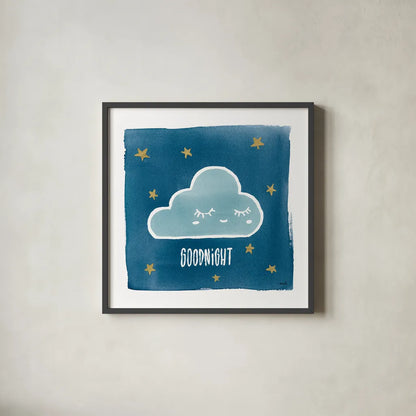 Night Sky Goodnight by Moira Hershey. Shown in a sleek black glass frame for a contemporary gallery look. Available as an archival giclee rolled canvas, fine art paper, or poster print. SKU 49899a.