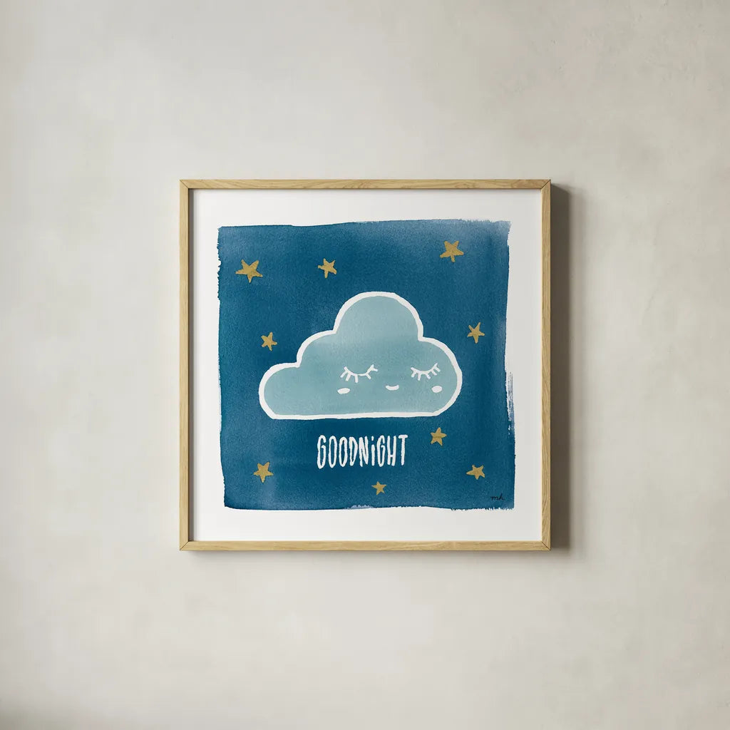 Night Sky Goodnight by Moira Hershey. Shown in a natural wood glass frame for a timeless modern aesthetic. Available as an archival giclee rolled canvas, fine art paper, or poster print. SKU 49899a.
