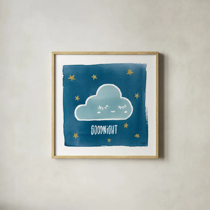 Night Sky Goodnight by Moira Hershey. Shown in a natural wood glass frame for a timeless modern aesthetic. Available as an archival giclee rolled canvas, fine art paper, or poster print. SKU 49899a.