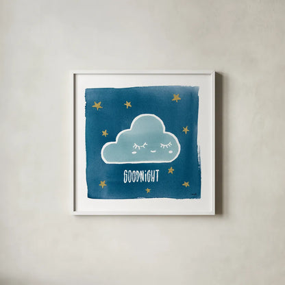 Night Sky Goodnight by Moira Hershey. Shown in a crisp white glass frame for a clean and minimalist style. Available as an archival giclee rolled canvas, fine art paper, or poster print. SKU 49899a.