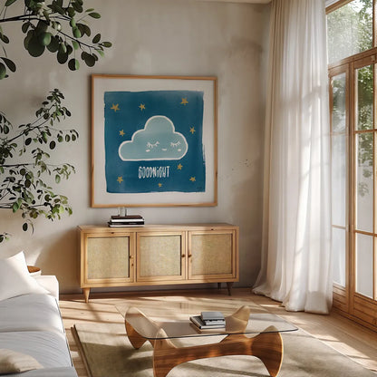 Night Sky Goodnight by Moira Hershey. Shown in a natural wood frame in a cozy modern living room. Available as an archival giclee rolled canvas, fine art paper, or poster print. SKU 49899a.