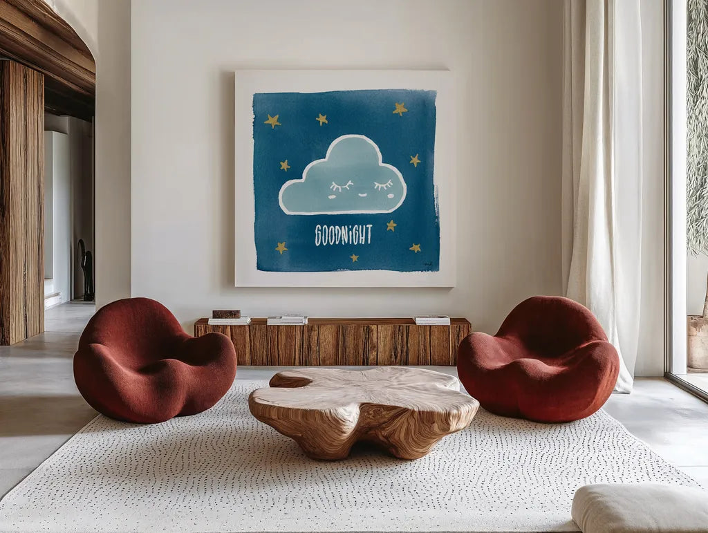 Night Sky Goodnight by Moira Hershey. Shown as extra-large giant wall art in a modern living room. Available as an archival giclee rolled canvas, fine art paper, or poster print. SKU 49899a.