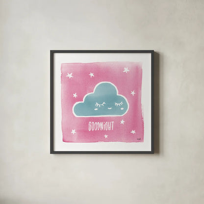 Night Sky Goodnight Pink by Moira Hershey. Shown in a sleek black glass frame for a contemporary gallery look. Available as an archival giclee rolled canvas, fine art paper, or poster print. SKU 57571a.