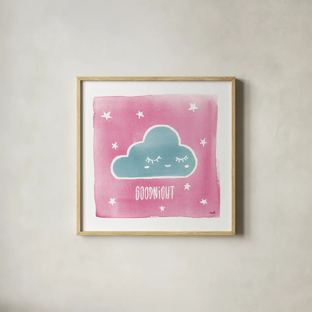 Night Sky Goodnight Pink by Moira Hershey. Shown in a natural wood glass frame for a timeless modern aesthetic. Available as an archival giclee rolled canvas, fine art paper, or poster print. SKU 57571a.