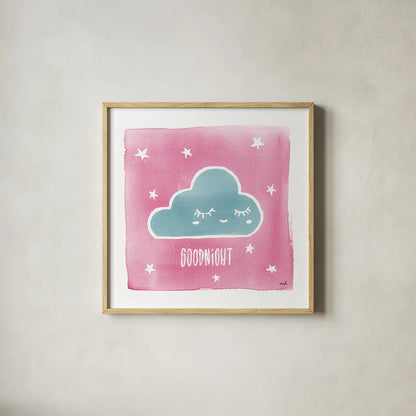 Night Sky Goodnight Pink by Moira Hershey. Shown in a natural wood glass frame for a timeless modern aesthetic. Available as an archival giclee rolled canvas, fine art paper, or poster print. SKU 57571a.