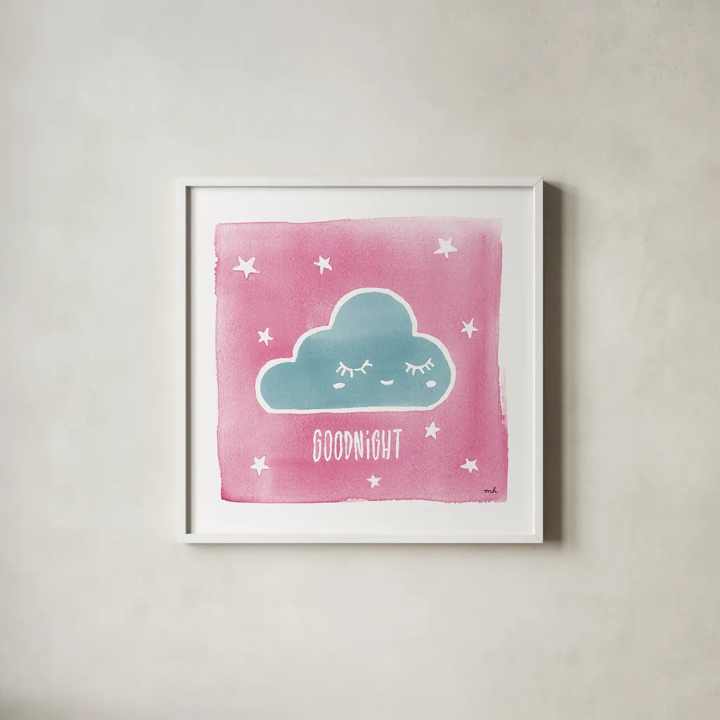 Night Sky Goodnight Pink by Moira Hershey. Shown in a crisp white glass frame for a clean and minimalist style. Available as an archival giclee rolled canvas, fine art paper, or poster print. SKU 57571a.