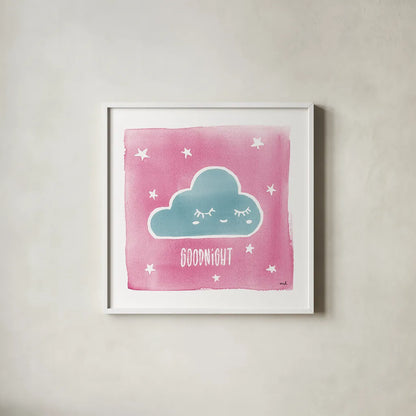Night Sky Goodnight Pink by Moira Hershey. Shown in a crisp white glass frame for a clean and minimalist style. Available as an archival giclee rolled canvas, fine art paper, or poster print. SKU 57571a.