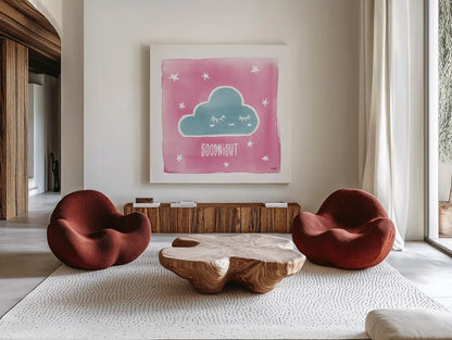 Night Sky Goodnight Pink by Moira Hershey. Shown as extra-large giant wall art in a modern living room. Available as an archival giclee rolled canvas, fine art paper, or poster print. SKU 57571a.