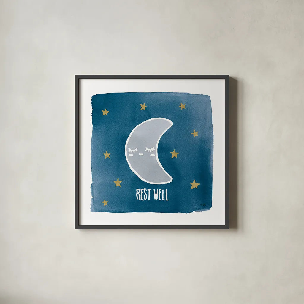 Night Sky Rest Well by Moira Hershey. Shown in a sleek black glass frame for a contemporary gallery look. Available as an archival giclee rolled canvas, fine art paper, or poster print. SKU 49902a.