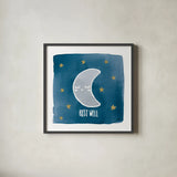 Night Sky Rest Well by Moira Hershey. Shown in a sleek black glass frame for a contemporary gallery look. Available as an archival giclee rolled canvas, fine art paper, or poster print. SKU 49902a.
