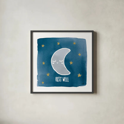 Night Sky Rest Well by Moira Hershey. Shown in a sleek black glass frame for a contemporary gallery look. Available as an archival giclee rolled canvas, fine art paper, or poster print. SKU 49902a.