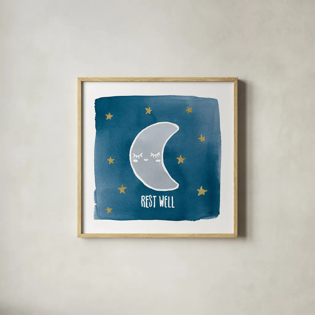 Night Sky Rest Well by Moira Hershey. Shown in a natural wood glass frame for a timeless modern aesthetic. Available as an archival giclee rolled canvas, fine art paper, or poster print. SKU 49902a.