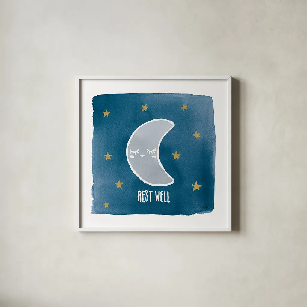 Night Sky Rest Well by Moira Hershey. Shown in a crisp white glass frame for a clean and minimalist style. Available as an archival giclee rolled canvas, fine art paper, or poster print. SKU 49902a.