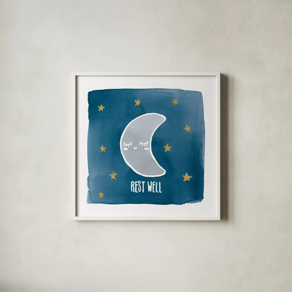 Night Sky Rest Well by Moira Hershey. Shown in a crisp white glass frame for a clean and minimalist style. Available as an archival giclee rolled canvas, fine art paper, or poster print. SKU 49902a.