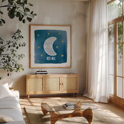 Night Sky Rest Well by Moira Hershey. Shown in a natural wood frame in a cozy modern living room. Available as an archival giclee rolled canvas, fine art paper, or poster print. SKU 49902a.