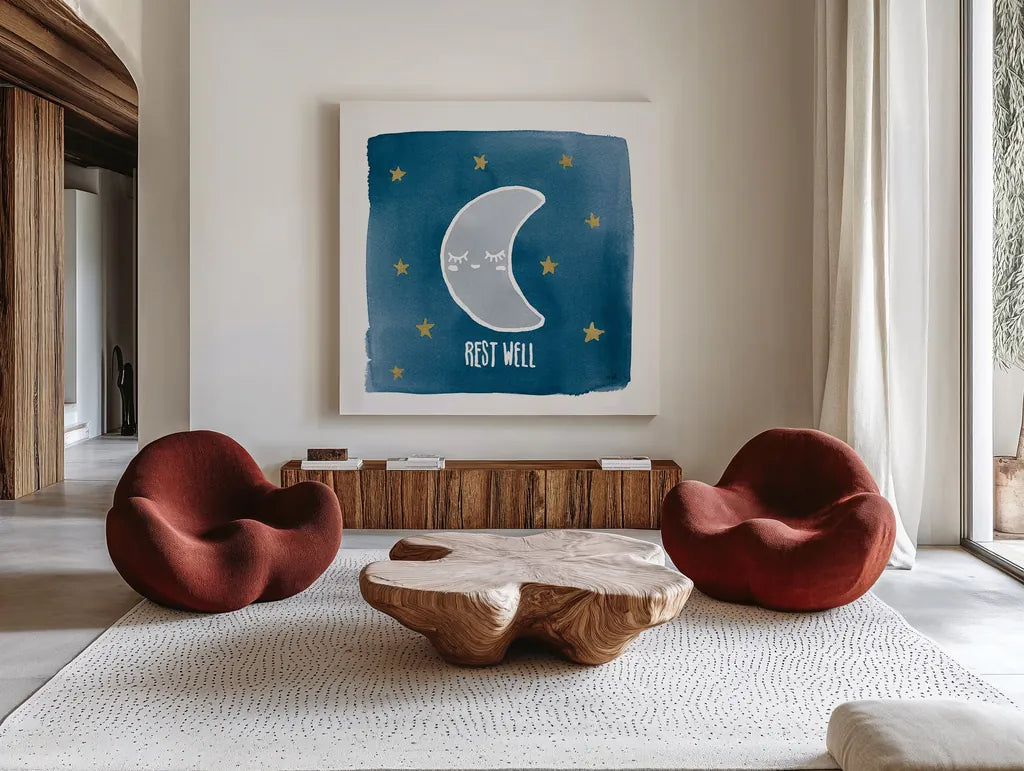 Night Sky Rest Well by Moira Hershey. Shown as extra-large giant wall art in a modern living room. Available as an archival giclee rolled canvas, fine art paper, or poster print. SKU 49902a.