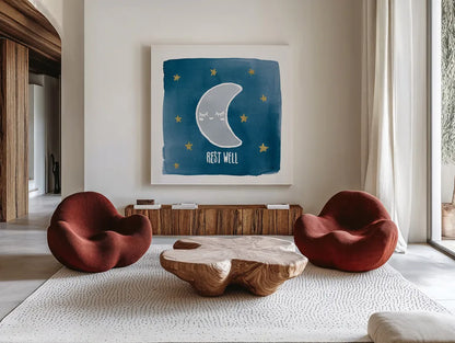 Night Sky Rest Well by Moira Hershey. Shown as extra-large giant wall art in a modern living room. Available as an archival giclee rolled canvas, fine art paper, or poster print. SKU 49902a.