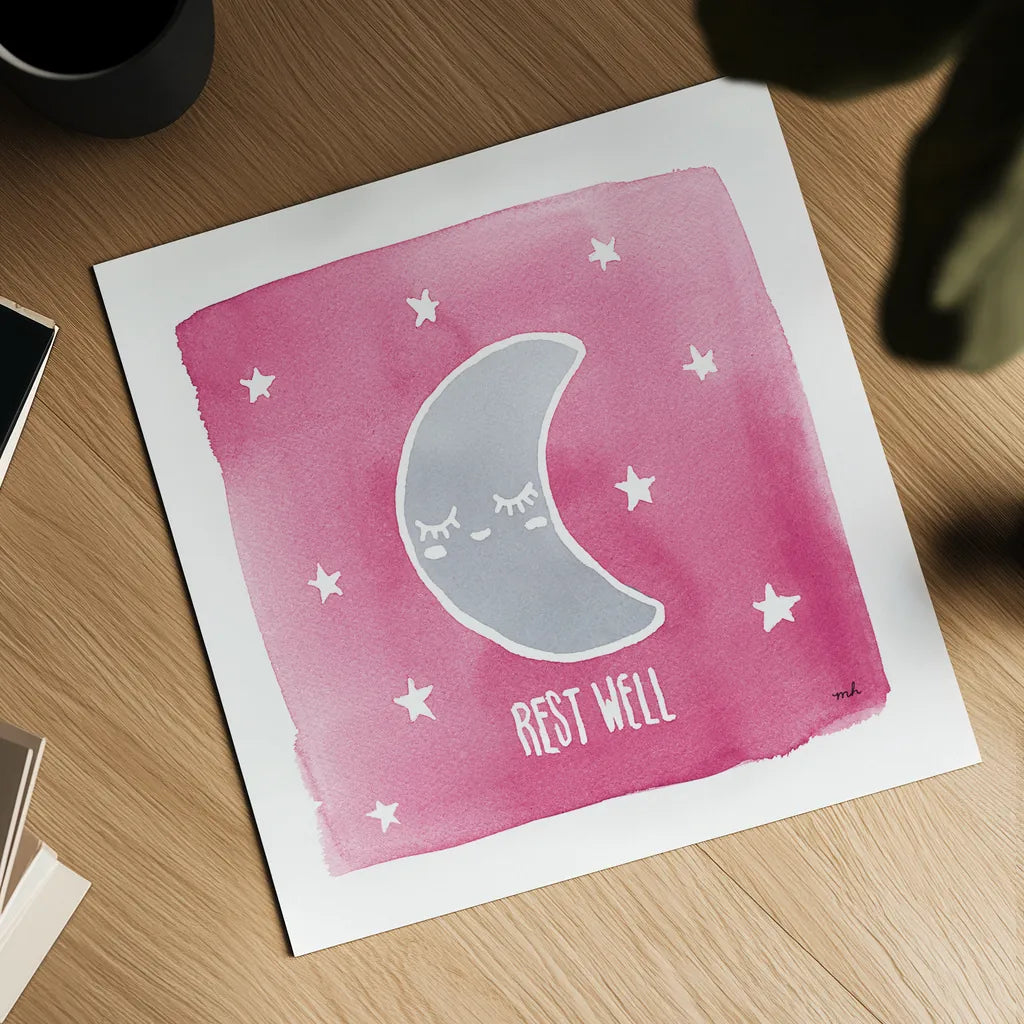 Night Sky Rest Well Pink by Moira Hershey. Shown as a detailed flat fine art print, highlighting archival giclee quality. Available as an archival giclee rolled canvas, fine art paper, or poster print. SKU 57572a.