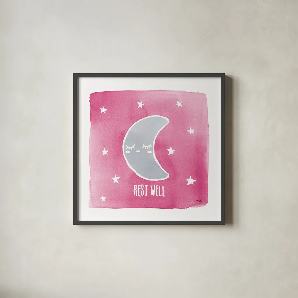 Night Sky Rest Well Pink by Moira Hershey. Shown in a sleek black glass frame for a contemporary gallery look. Available as an archival giclee rolled canvas, fine art paper, or poster print. SKU 57572a.