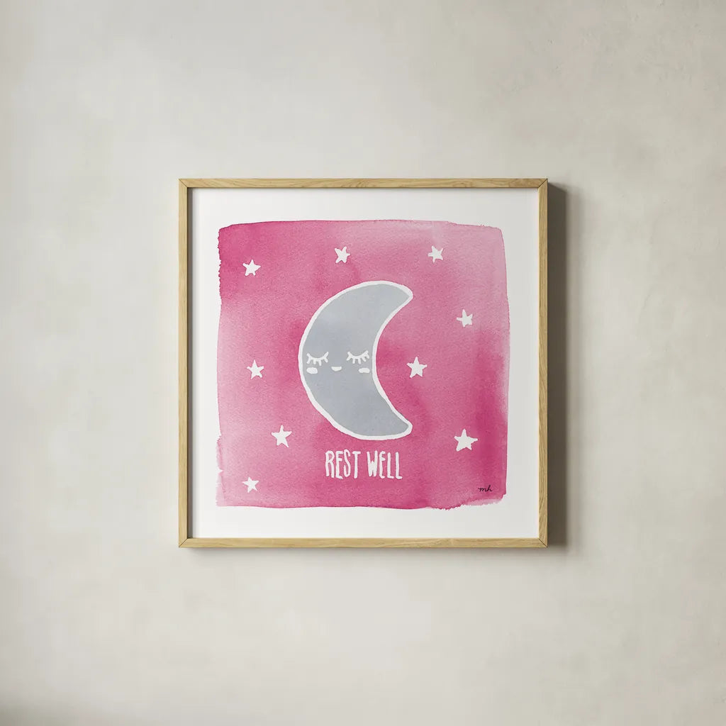 Night Sky Rest Well Pink by Moira Hershey. Shown in a natural wood glass frame for a timeless modern aesthetic. Available as an archival giclee rolled canvas, fine art paper, or poster print. SKU 57572a.