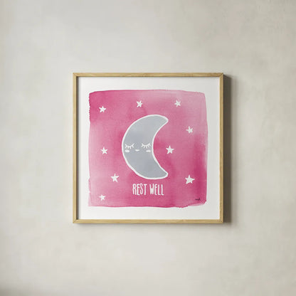 Night Sky Rest Well Pink by Moira Hershey. Shown in a natural wood glass frame for a timeless modern aesthetic. Available as an archival giclee rolled canvas, fine art paper, or poster print. SKU 57572a.