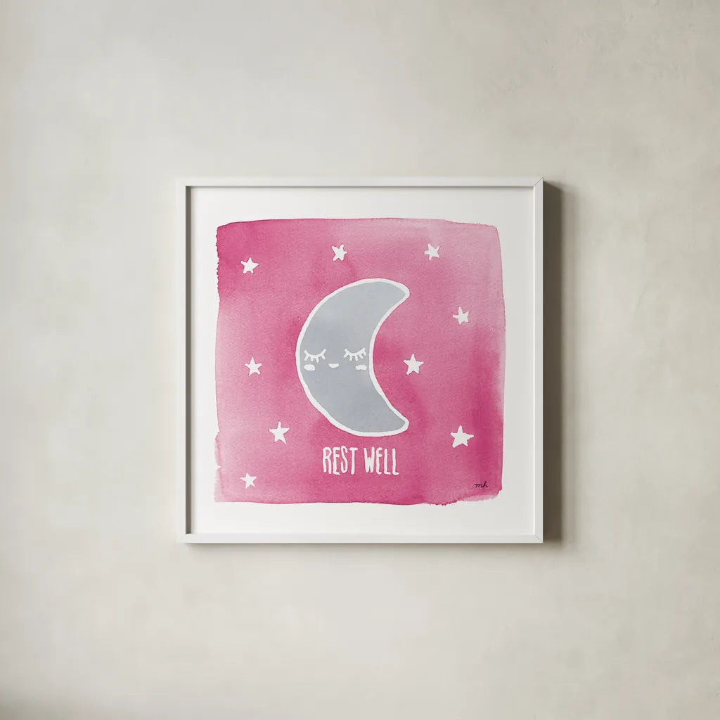 Night Sky Rest Well Pink by Moira Hershey. Shown in a crisp white glass frame for a clean and minimalist style. Available as an archival giclee rolled canvas, fine art paper, or poster print. SKU 57572a.