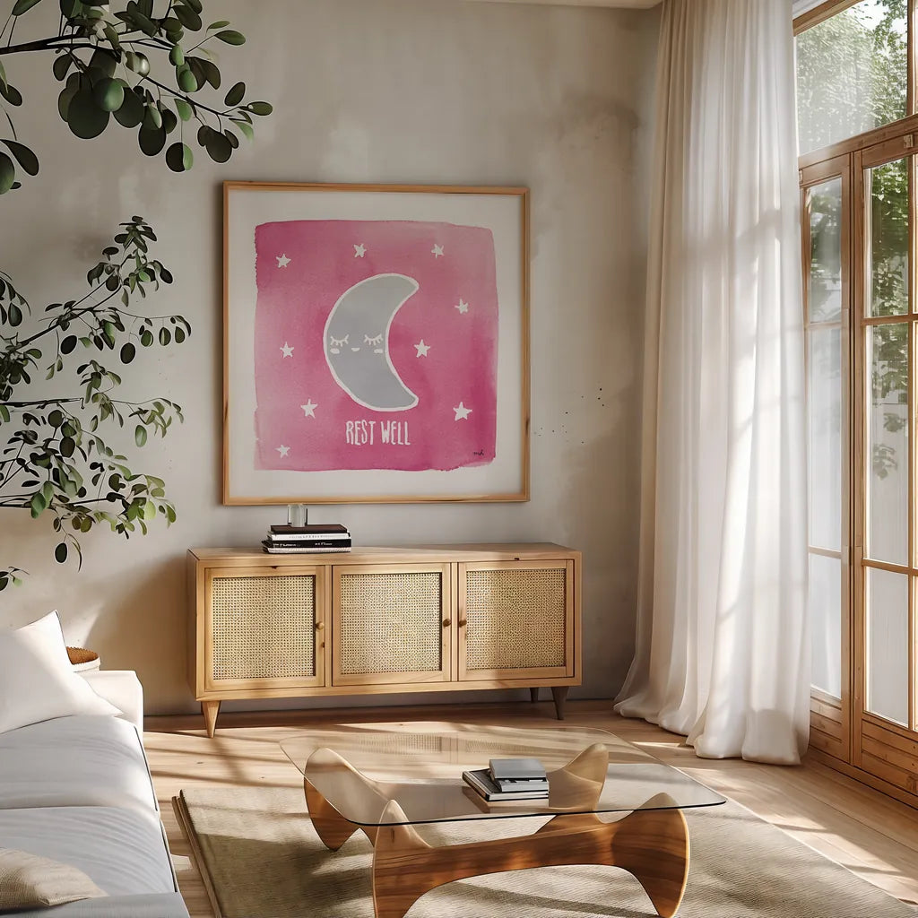 Night Sky Rest Well Pink by Moira Hershey. Shown in a natural wood frame in a cozy modern living room. Available as an archival giclee rolled canvas, fine art paper, or poster print. SKU 57572a.