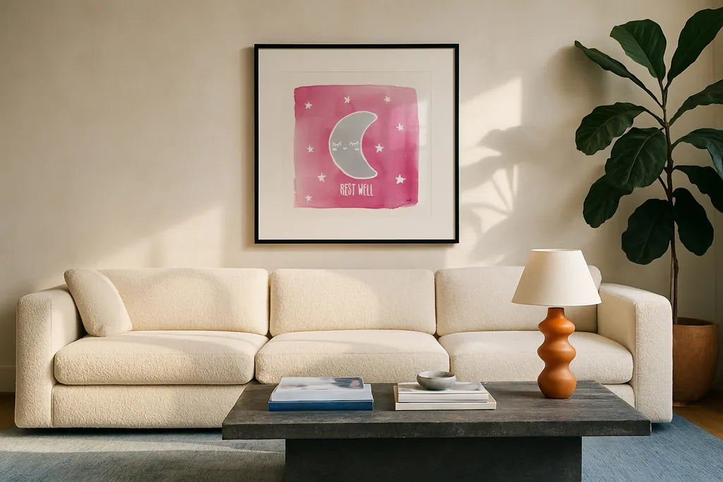 Night Sky Rest Well Pink by Moira Hershey. Displayed in a glass frame with matte in a clean modern living room. Available as an archival giclee rolled canvas, fine art paper, or poster print. SKU 57572a.