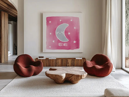Night Sky Rest Well Pink by Moira Hershey. Shown as extra-large giant wall art in a modern living room. Available as an archival giclee rolled canvas, fine art paper, or poster print. SKU 57572a.